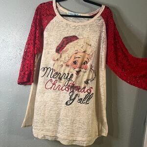 Southern Grace Merry Christmas YAll 3xl Santa Claus Womens Shirt Red Lace & Tan